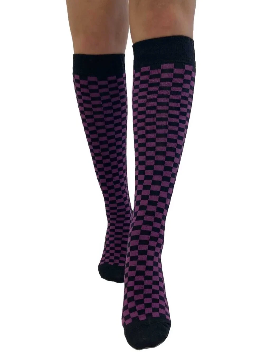 Purple & Black Checkerboard Knee-High Socks